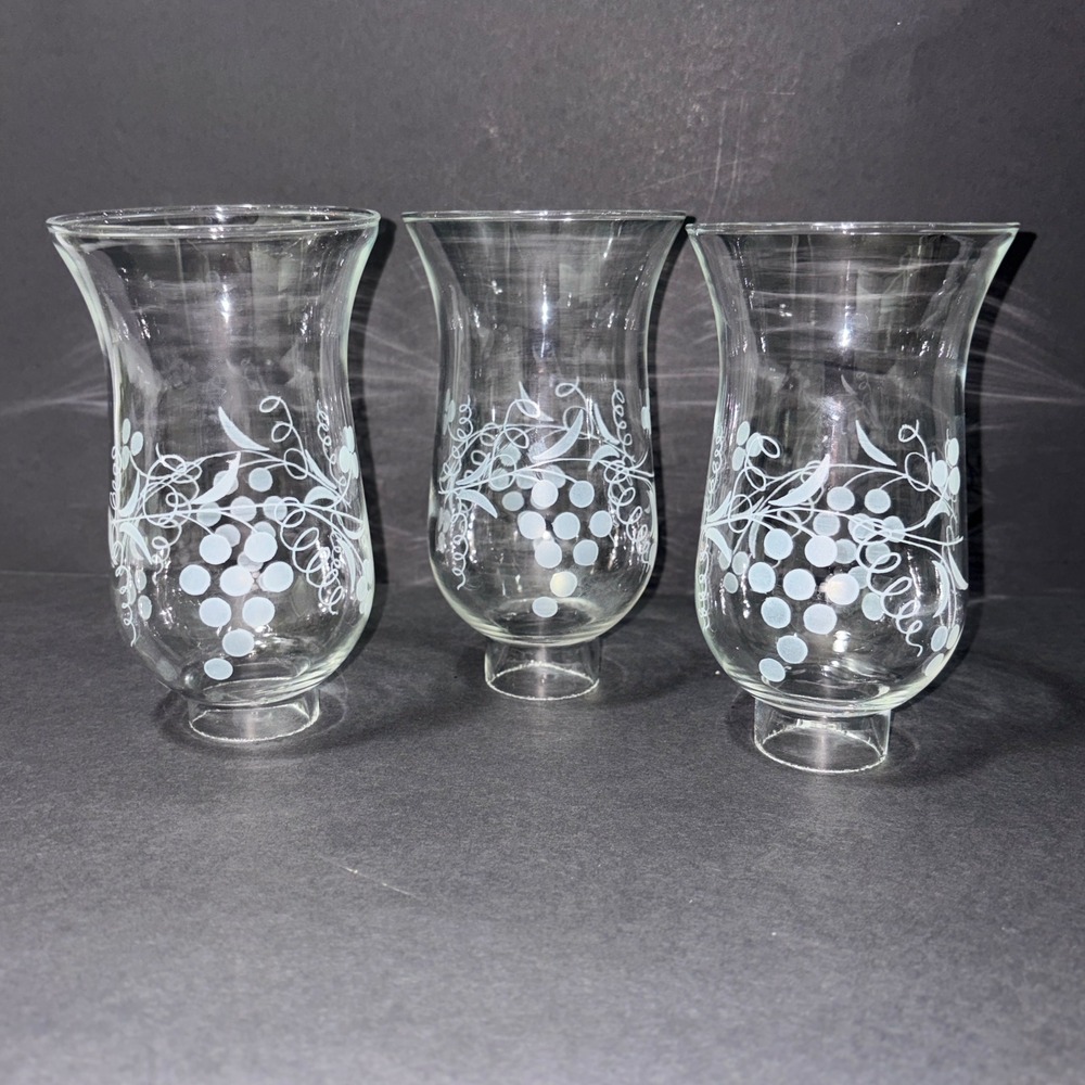 Set of 3 Clear Glass Hurricane Candle Shades White Frosted Grape Vine Motif 6.5"
